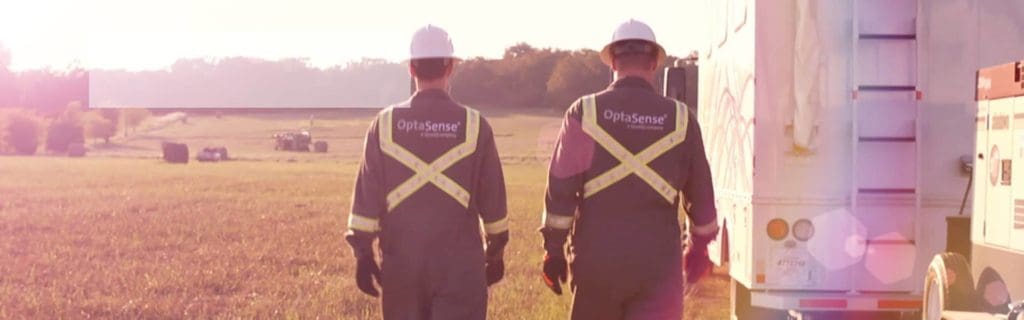 two optasense field technicians walking in field