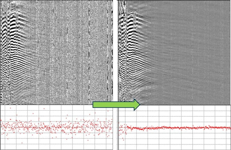 seismic shot gatherer image comparison between normal optical fiber and enhanced optical fiber