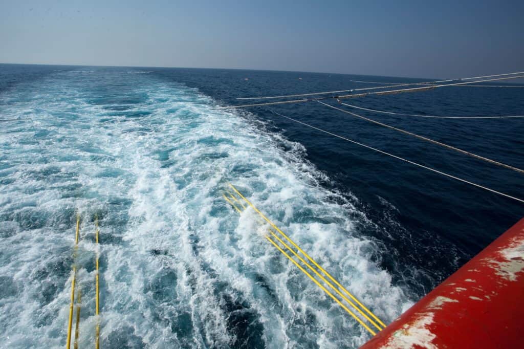 Seismic Survey Vessel with guns and cables