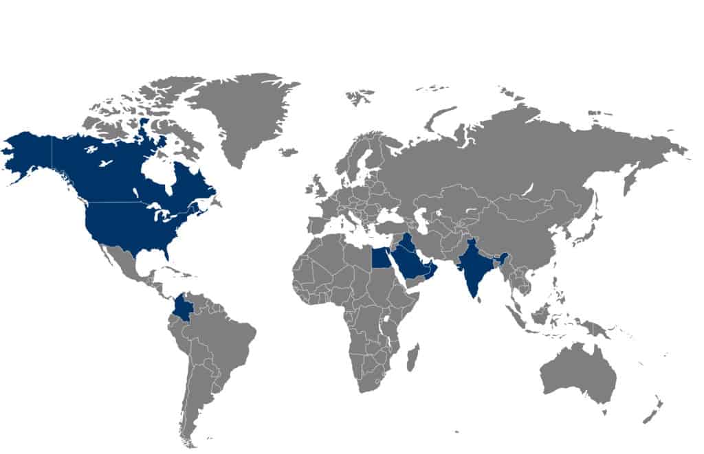 World map highlighting countries where OptaSense has conveyance partners.