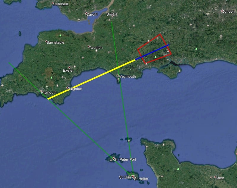 Map of Wester England showing track of meteorite