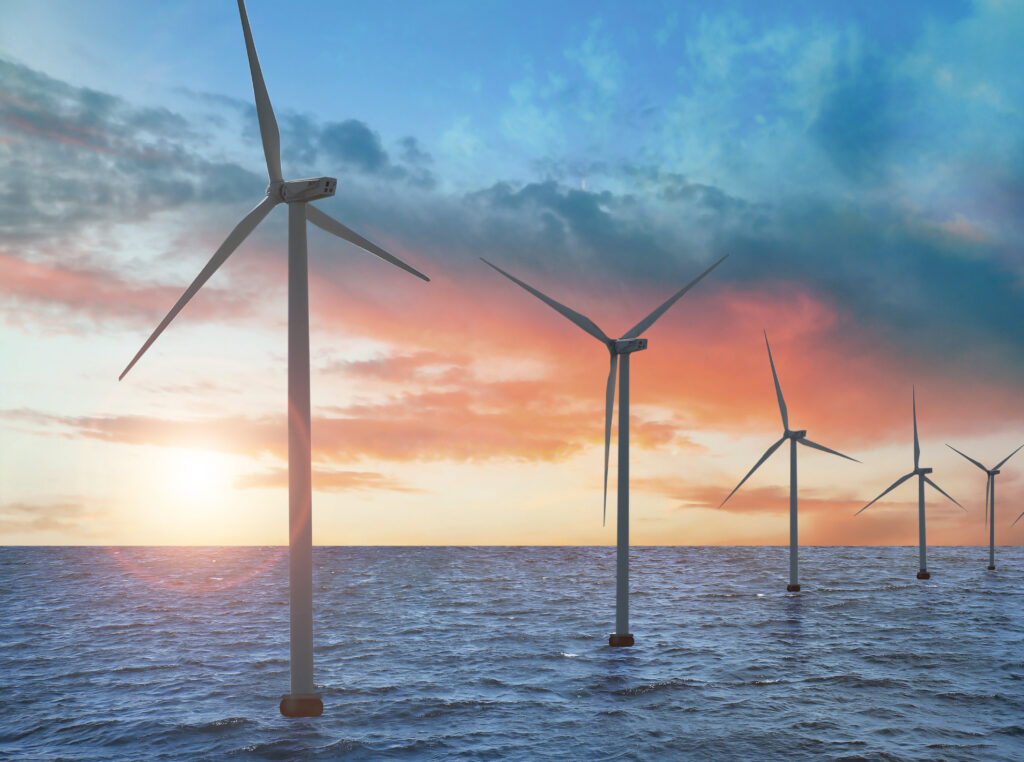 Offshore windfarm at sunrise